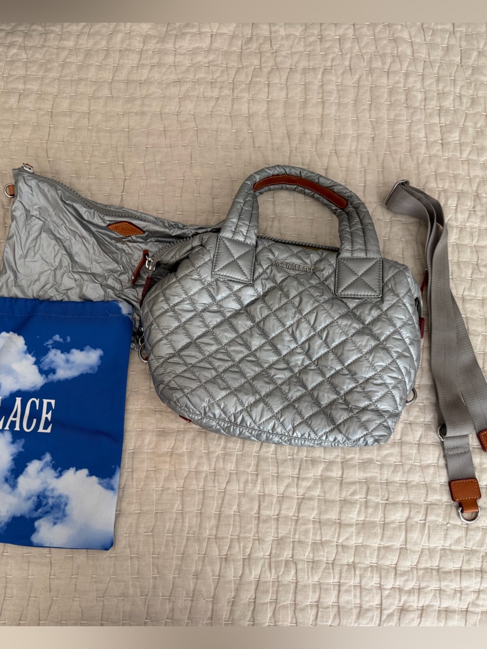 MZ Wallace Quilted Silver Small Sutton Bag with Removable Strap and dust bag